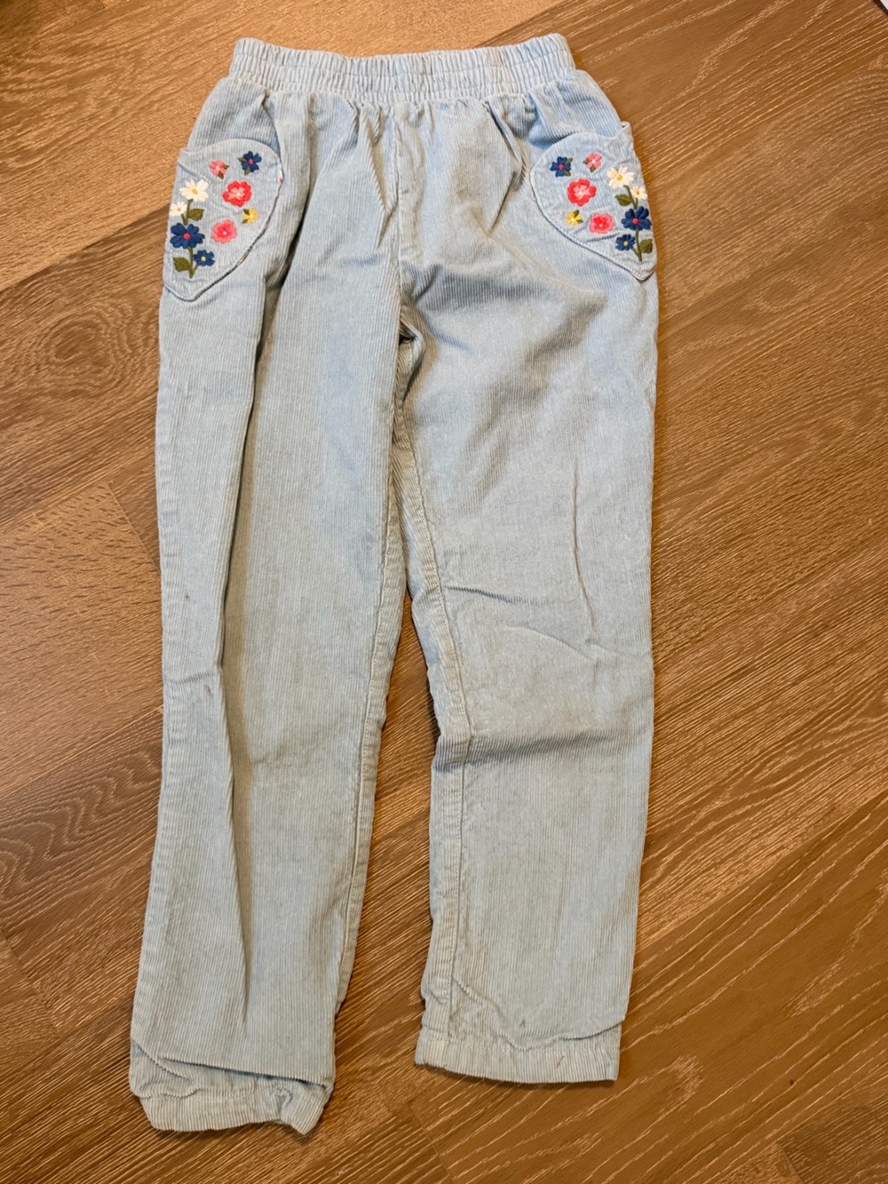 Mini Boden Corduroy Pants Pale Blue with Floral Embroidery on heart pockets